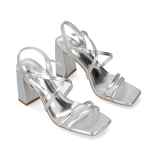 Sandalia Tacón Medio para Mujer Estilo 672701 Plata
